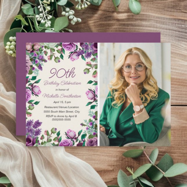 Convite Foto do 90º Aniversário em Verde com Floral Roxa e (Purple floral and mint green foliage 90th birthday party photo invitation)