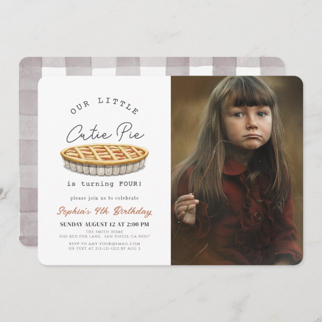 Convite Foto do Aniversário Branco da Pequena Torre Cutie (Frente/Verso)