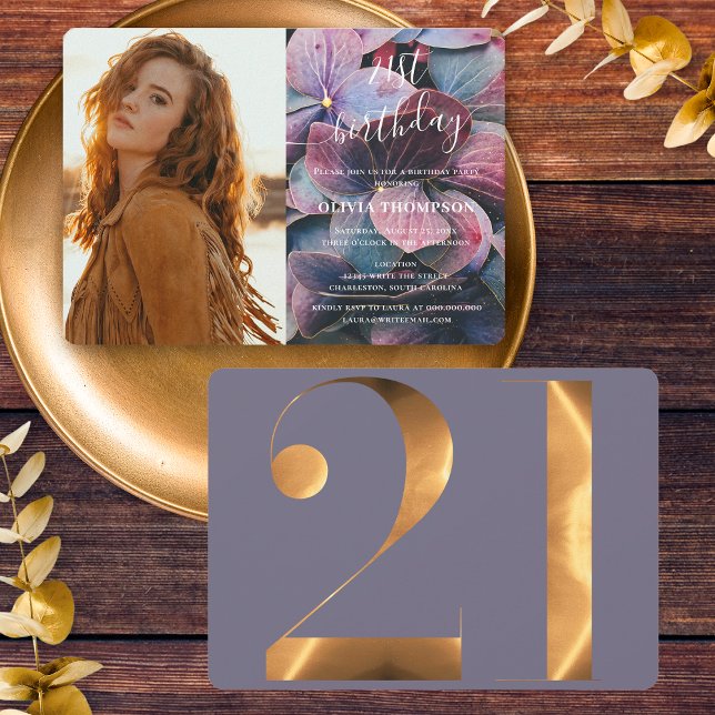 Convite Foto do aniversário de 21 anos de Hydrangeas Azul  (Front / Back)