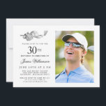 Convite Foto do aniversário de 30 anos de Golfe Clássico E<br><div class="desc">Aniversário elegante preto e branco para um golfista. O topo do convite é decorado com acessórios de golfe - um clube de golfe, bola de golfe, chapéu e luvas. A design de aquarela cria uma estética tradicional e clássica. Perfeito para uma festa de aniversário no clube ou um CHURRASCO de...</div>