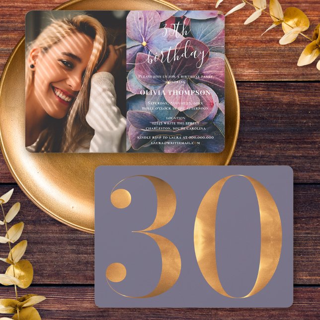 Convite Foto do aniversário de 30 anos de Hydrangeas Azul  (Front / Back)