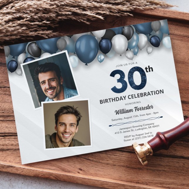 Convite Foto do aniversário de 30 anos preto e branco de p (Blue Silver Black & White 30th Birthday Photo Invitation)