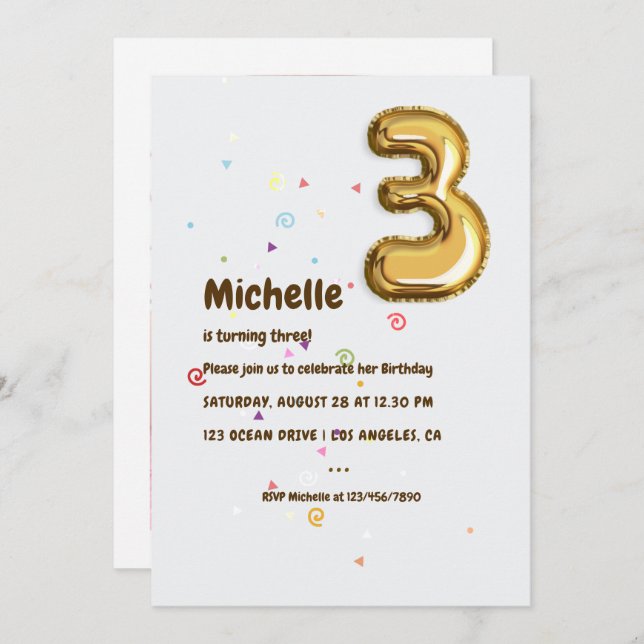 Convite Foto do aniversário de 3 anos de Gold Foil Balloon (Frente/Verso)