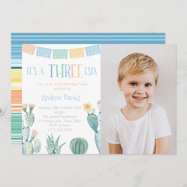 Convite Foto do aniversário de 3 anos de Tema Mexicano Trê (Frente/Verso)