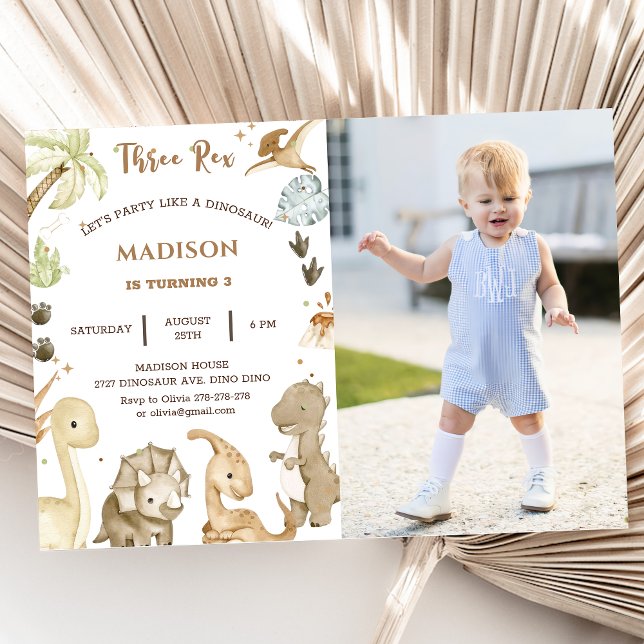 Convite Foto do aniversário de 3 anos do Dinossaur Três Re (Criador carregado)