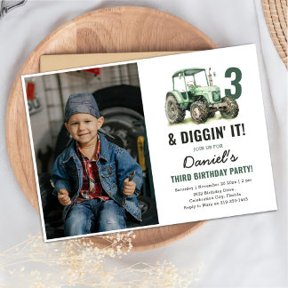 Convite Foto do aniversário de 3 anos do Watercolor Trator