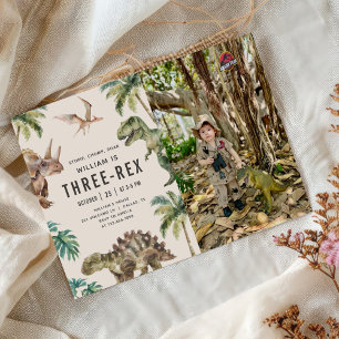 Convite Foto do aniversário de 3 anos Rex Dinosaur