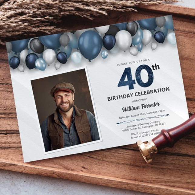 Convite Foto do aniversário de 40 anos preto e branco de p (Blue Silver Black & White 40th Birthday Photo Invitation)