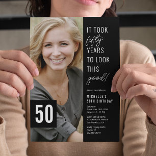 Convite Foto do aniversário de 50 anos preto e branco