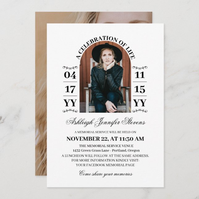 Convite Foto do arco branco elegante Uma celebração da vid (Frente/Verso)