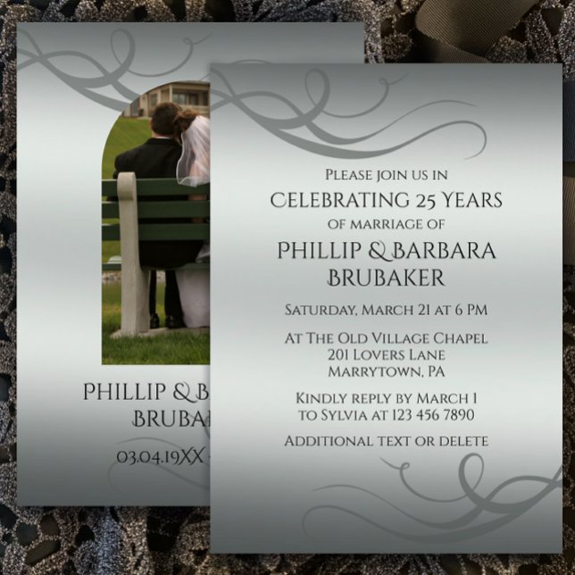 Convite Foto do Arco de Casamento de 25 de Prata Moderna (Customize this modern elegant silver gradient 25th wedding anniversary party invitation template)