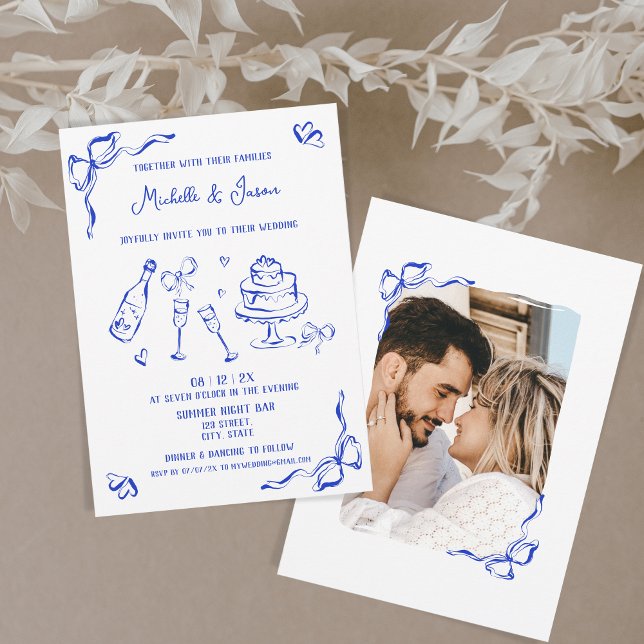 Convite Foto do Arco Desenhado da Mão Azul Retro Moderno (blue ink hand drawn doodles wedding cake, champagne, bows, hearts...)