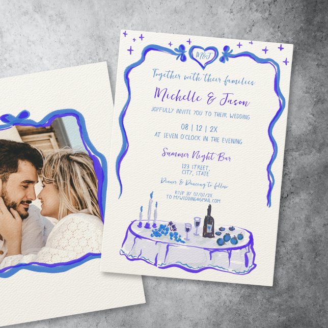 Convite Foto do Arco Desenhado da Mão Branca Retro Azul Fr (whimsical hand drawn french blue dinner table with bow frame for your wedding invitation)
