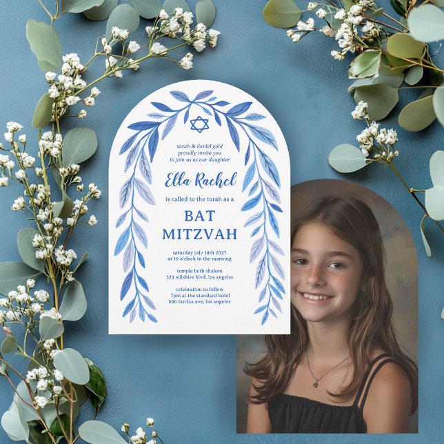 Convite Foto do arco do Bar de Aquarela Botânica Mitzvah (Botanical Watercolor Bar Bat Mitzvah Arch Photo Invitation
)