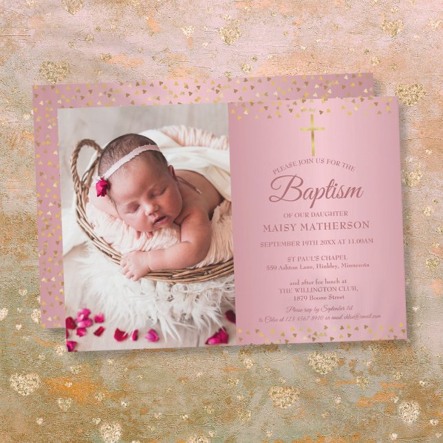 Convite Foto do Baptism Christening Rosa Dourado Heart (Baptism Christening Rose Gold Hearts Photo Invitation)