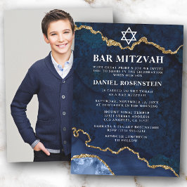 Convite Foto do Bar Azul Dourado moderno, Elegante Mitzvah