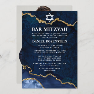 Convite Foto do Bar Azul Dourado moderno, Elegante Mitzvah