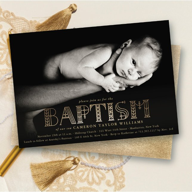 Convite Foto do Batismo Básico Na moda de Folha de Ouro El (Boho Elegant Faux Gold Foil Stylish Chic Modern Baptism Religious Photo Invitation @ fat_fa_tin)