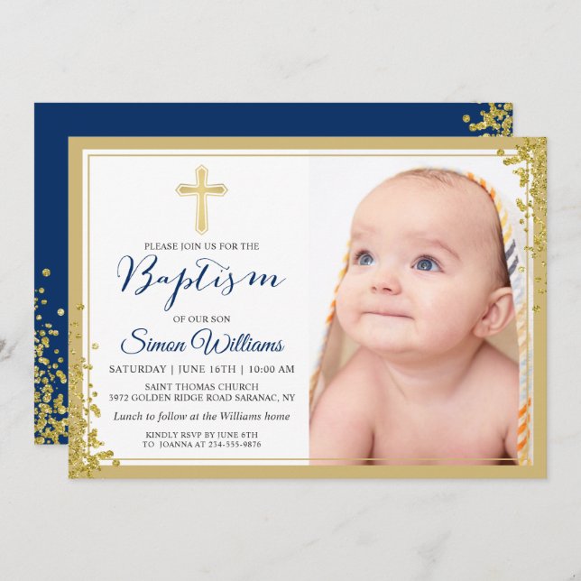 Convite Foto do Batismo Blue Boy do Marinho brilhante Dour (Frente/Verso)