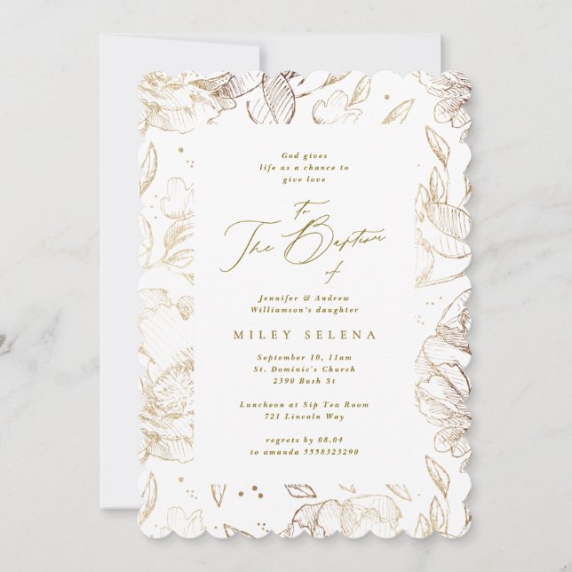 Convite Foto do Batismo Botânico Floral Dourado Elegante (Frente)