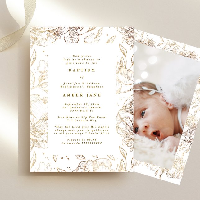 Convite Foto do Batismo Botânico Floral Dourado Elegante P (Criador carregado)