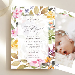 Convite Foto do Batismo com Frame Floral Elegante Calliogr