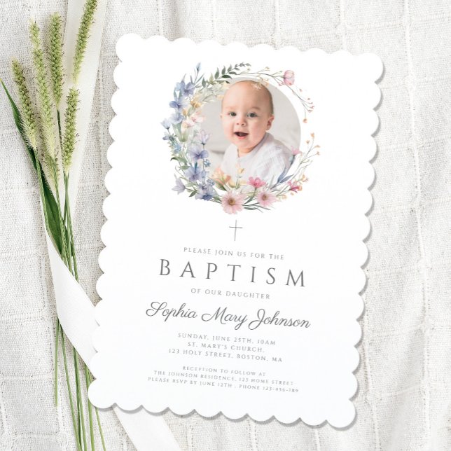 Convite Foto do Batismo da Menina Floral Flórida (Elegant Floral Wildflowers Girl Baptism Photo Invitation)