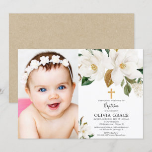 Convite Foto do batismo de magnólia floral russa branca
