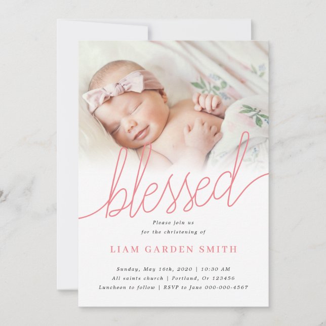 Convite Foto do Batismo de Natal Rosa com Script Manuscrit (Frente)