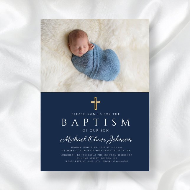 Convite Foto do Batismo Elegante Blue Religião Cross Boy (Elegant Blue Religious Cross Boy Baptism Photo Invitation)