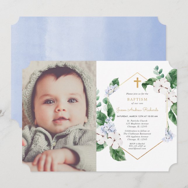 Convite Foto do batismo primavera branco azul floral doura (Frente/Verso)
