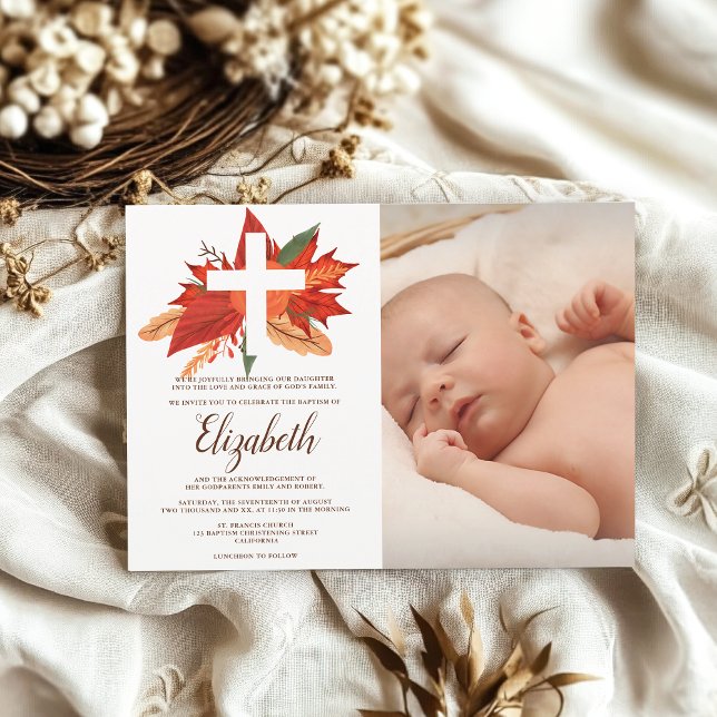 Convite Foto do batismo russo de madeira floral cristã (Rustic wood floral christian cross baptism photo invitation)