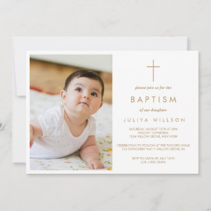 Convite Foto do bebê Baptism Dourado Chic