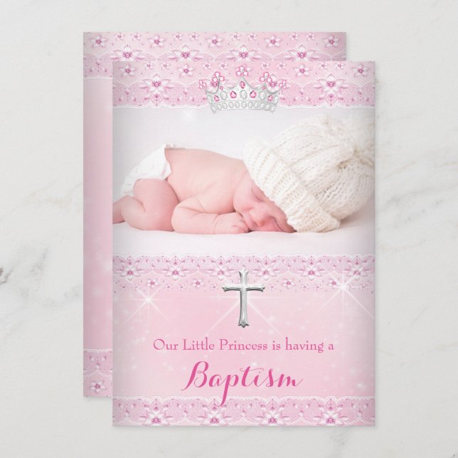 Convite Foto do Bebê do Batismo Rosa de Tiara (Frente/Verso)