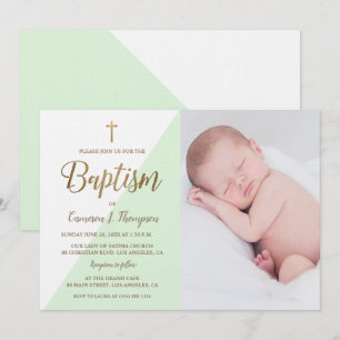 Convite Foto do bebê Dourado Batismo Verde Personalizado