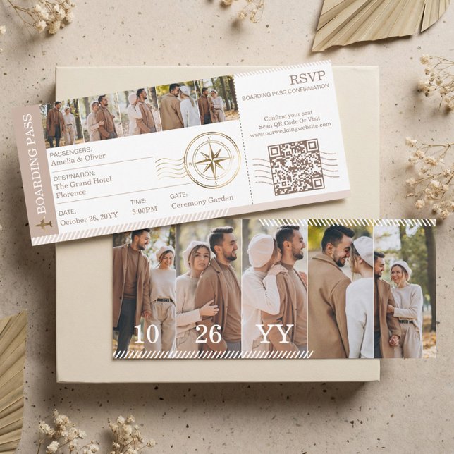 Convite Foto do Bilhete de Embarque para Casamento de Dest (Boarding Plane Ticket Destination Wedding Photo Invitation)