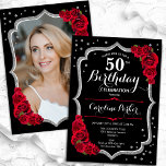 Convite Foto do Black Silver Rosa vermelha 50º aniversário<br><div class="desc">Elegante convite de 50 anos florais com sua foto no fundo do cartão. Design preto e vermelho de vidro com prata brilhante. Apresenta rosa vermelha, fonte de script e confetti. Perfeito para uma festa de comemoração de na moda adulto. Personalize com seus próprios detalhes. Pode ser personalizado para qualquer idade!...</div>