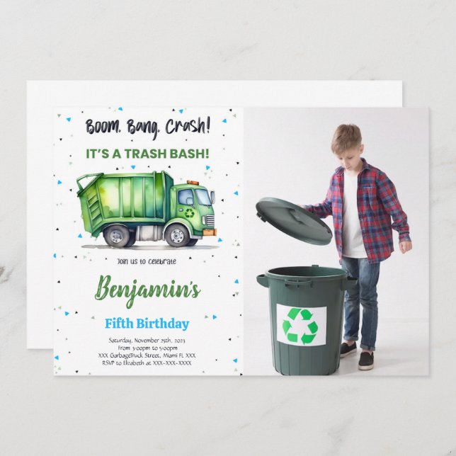 Convite Foto do Caminhão de Lixo Verde e Preto (Frente/Verso)