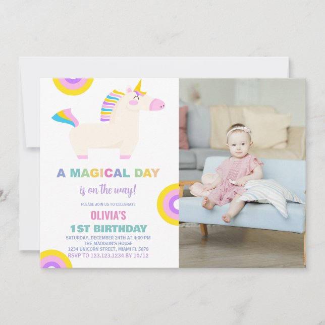 Convite Foto do Cartoon Rainbow Unicorn Birthday Invtions (Frente)