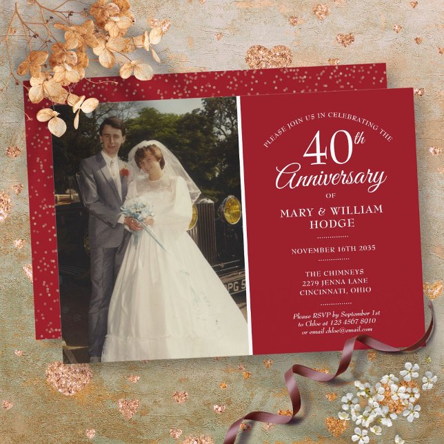 Convite Foto do Casamento de 40º Aniversário com Confetes  (40th Anniversary Wedding Photo Ruby Confetti Invitation)