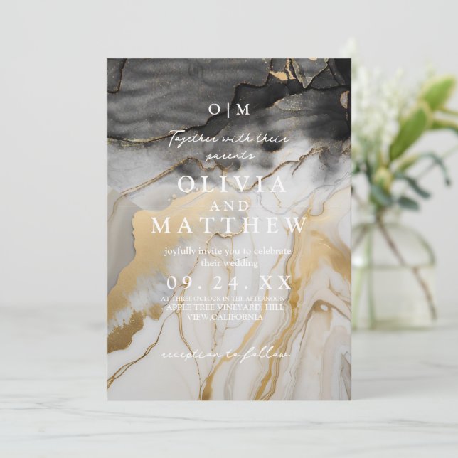 Convite Foto do Casamento de Mármore Negro e Ouro (Em pé/Frente)