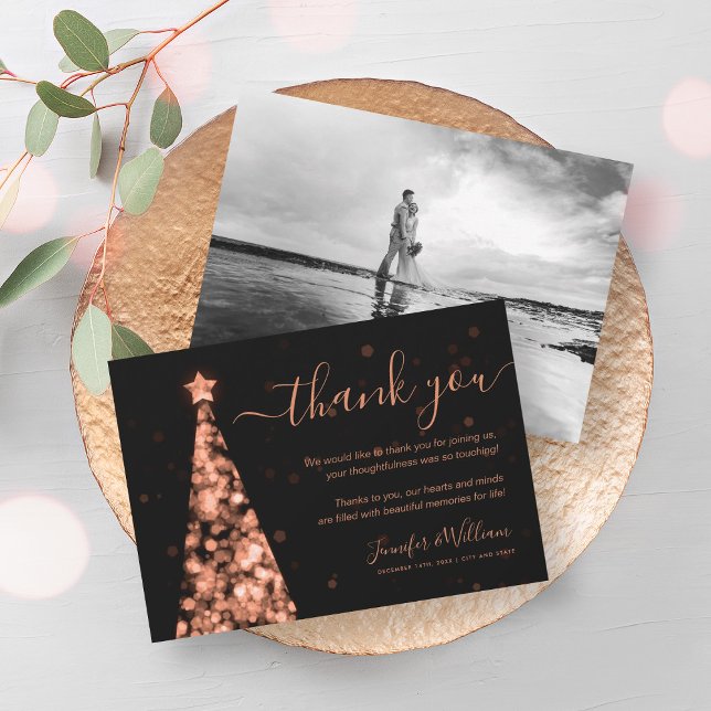 Convite Foto do casamento Dourado da Árvore Festiva (Festive Tree Rose Gold Wedding Photo Thank You Invitation)