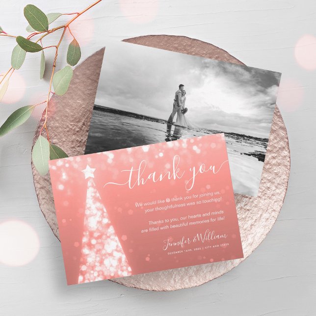 Convite Foto do casamento Dourado da Árvore Festiva (Festive Tree Rose Gold Wedding Photo Thank You Invitation)