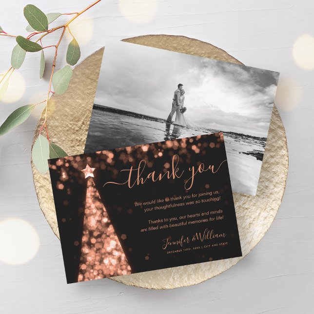 Convite Foto do casamento Dourado da Árvore Festiva (Festive Tree Rose Gold Wedding Photo Thank You Invitation)