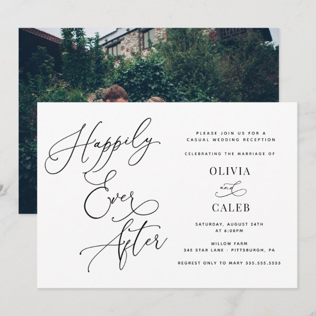 Convite Foto do Casamento Felizes para Sempre Recepção de  (Frente/Verso)