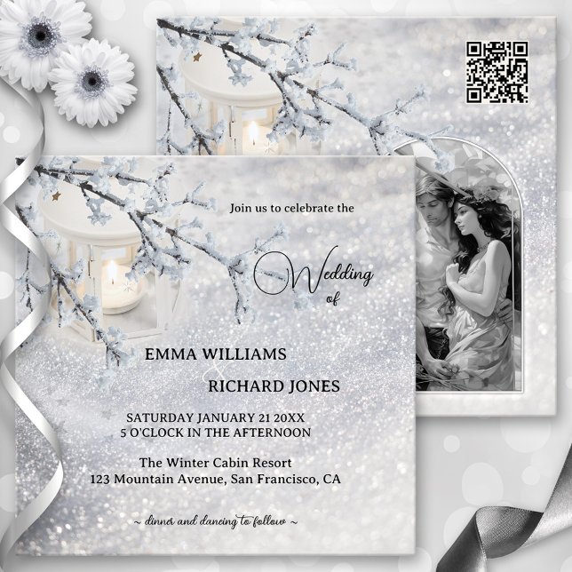 Convite Foto do Casamento no inverno Lanterna de Neve Espu (Winter wedding invitation with a lantern in sparkling snow with a tree branch, QR code and photo)