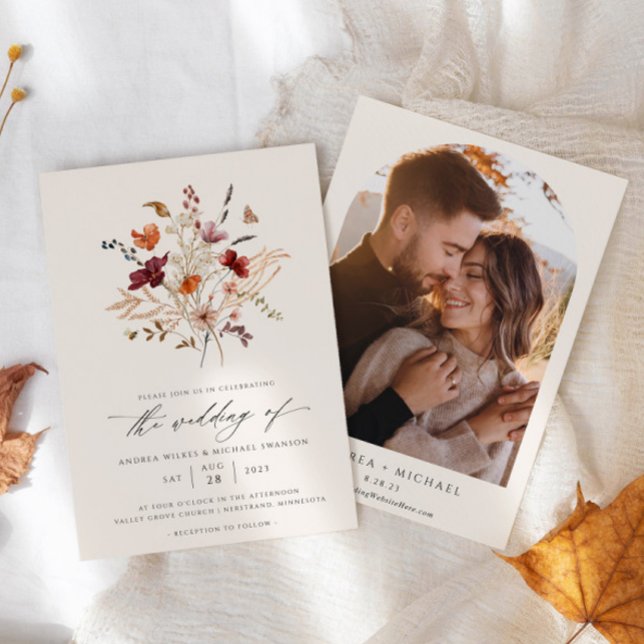 Convite Foto do Casamento outono Elegante Boho Wildflower (Boho Wildflower Wedding Invitation Fall Bouquet)