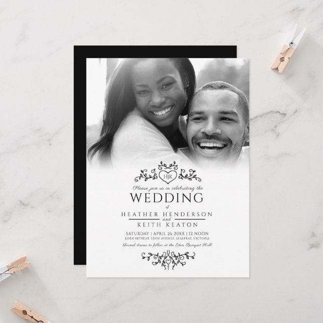 Convite Foto do casamento preto da arte da folha (Frente/Verso In Situ)
