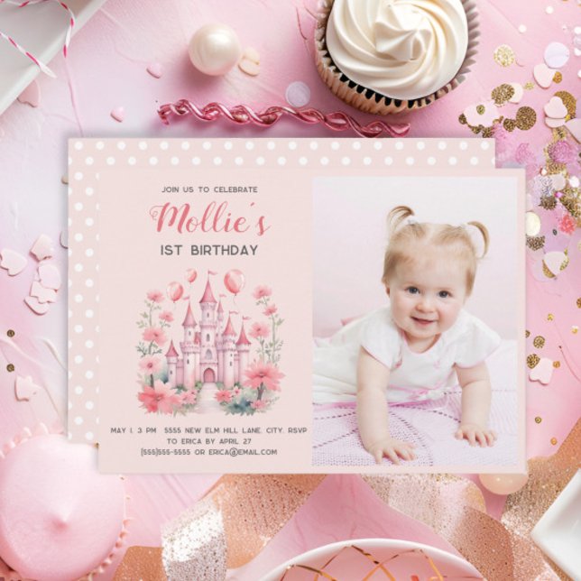 Convite Foto do Castelo Rosa primeiro aniversario das Meni (Cute pink princess castle baby girl's 1st birthday photo invitation)