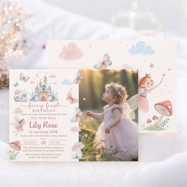 Convite Foto do Castelo Whimsical Rosa de Primeiro Anivers (Fairy First Birthday Pink Whimsical Castle Photo Invitation)